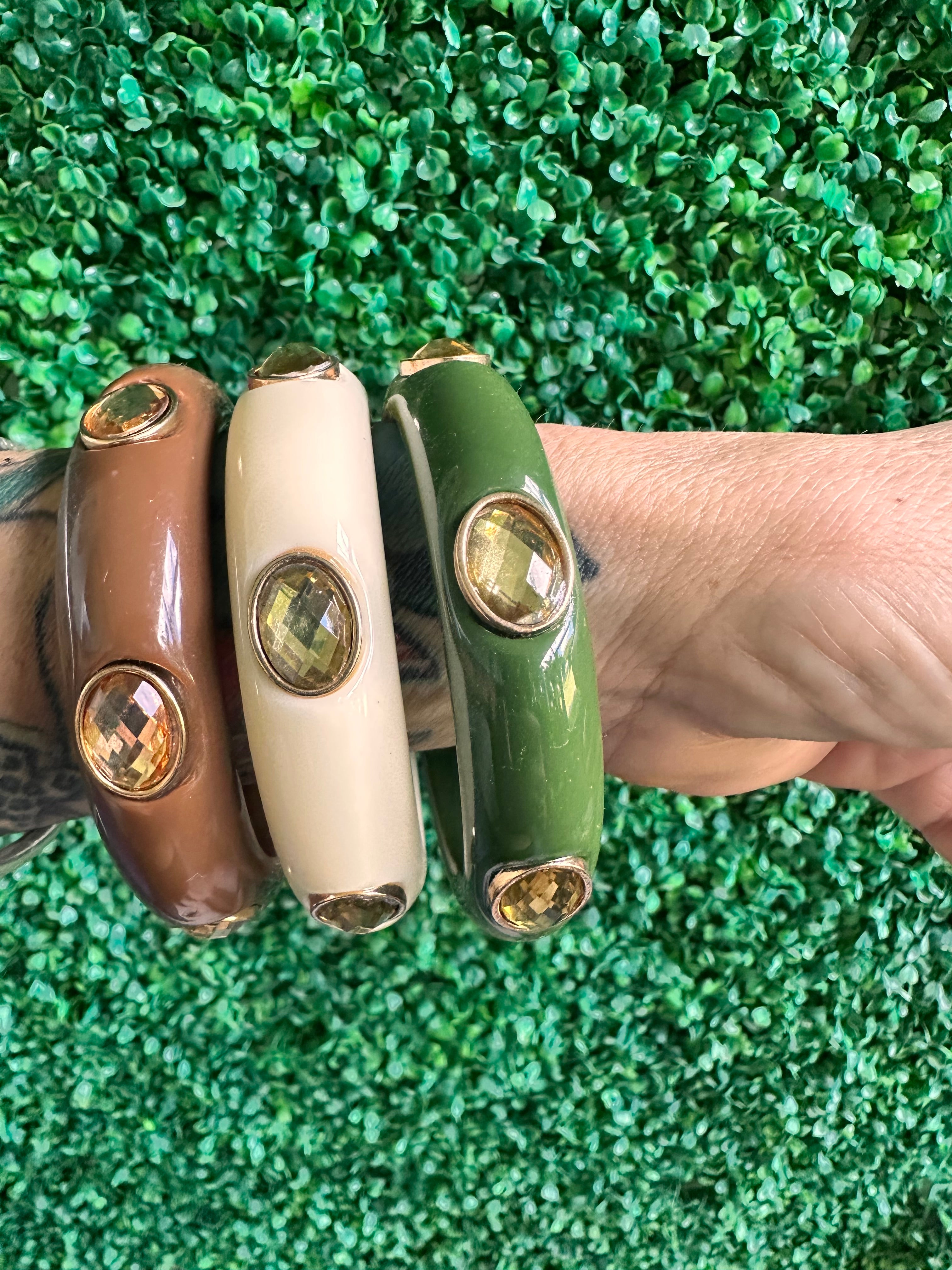 Chunky Lucite Bangle Bracelet Rhinestones Vanilla Cream, brown and Deep green set of 3