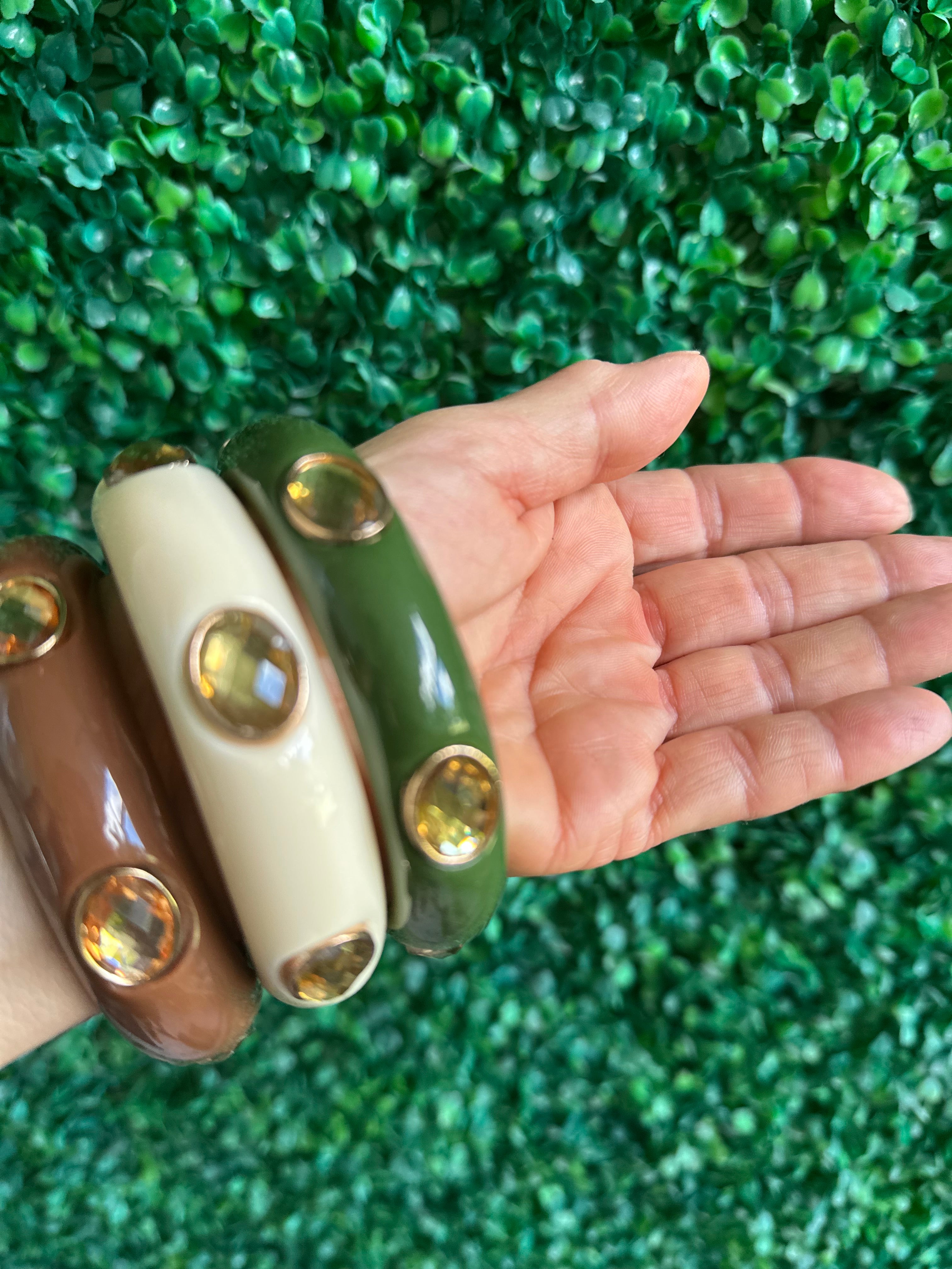 Chunky Lucite Bangle Bracelet Rhinestones Vanilla Cream, brown and Deep green set of 3