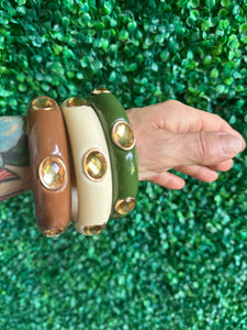Chunky Lucite Bangle Bracelet Rhinestones Vanilla Cream, brown and Deep green set of 3