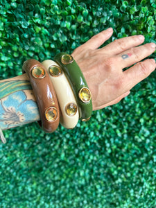 Chunky Lucite Bangle Bracelet Rhinestones Vanilla Cream, brown and Deep green set of 3