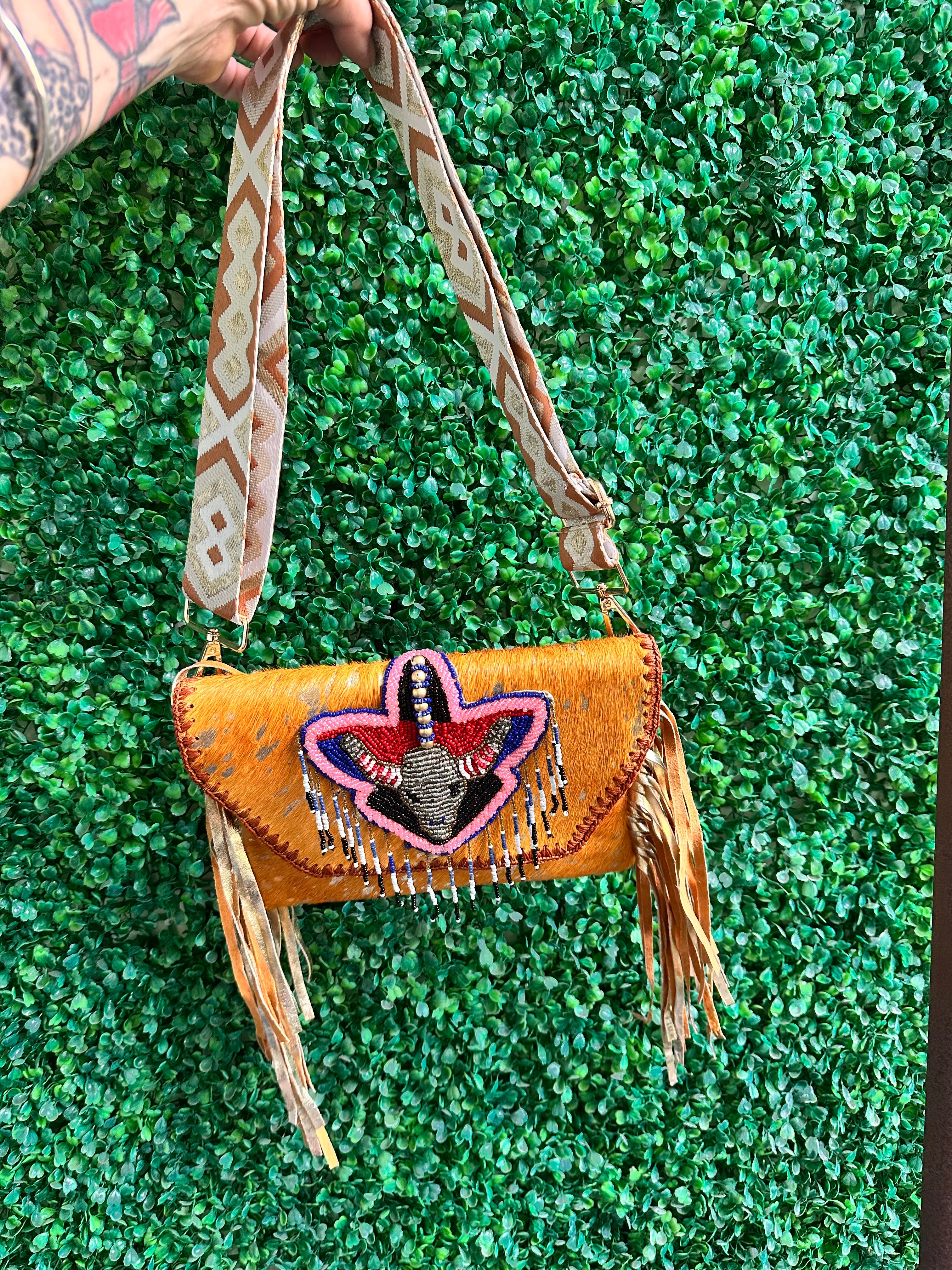 New boho Western Fur fringed tassels cow beaded bumbag CrossBody shoulder Clutch bag