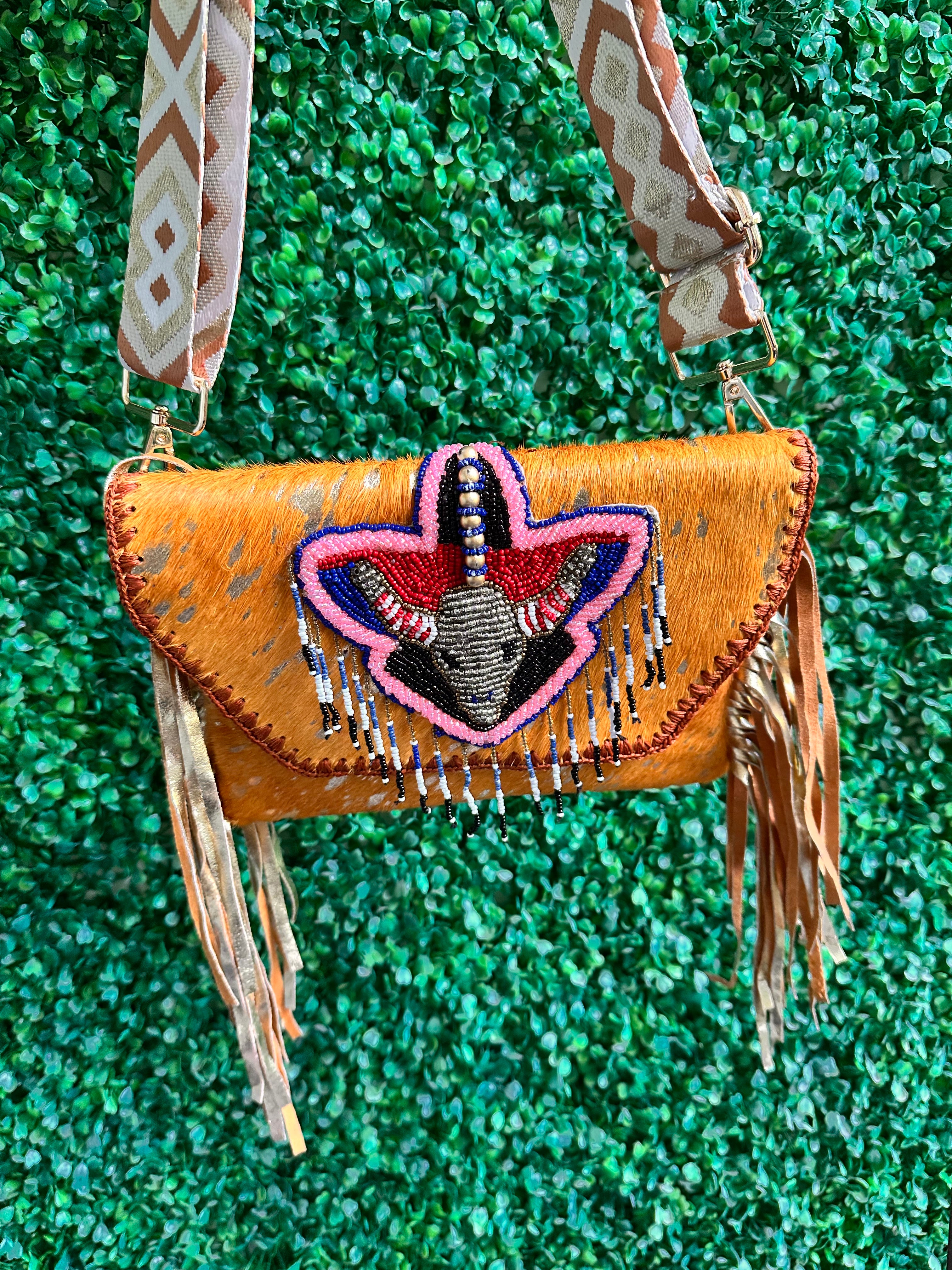 New boho Western Fur fringed tassels cow beaded bumbag CrossBody shoulder Clutch bag