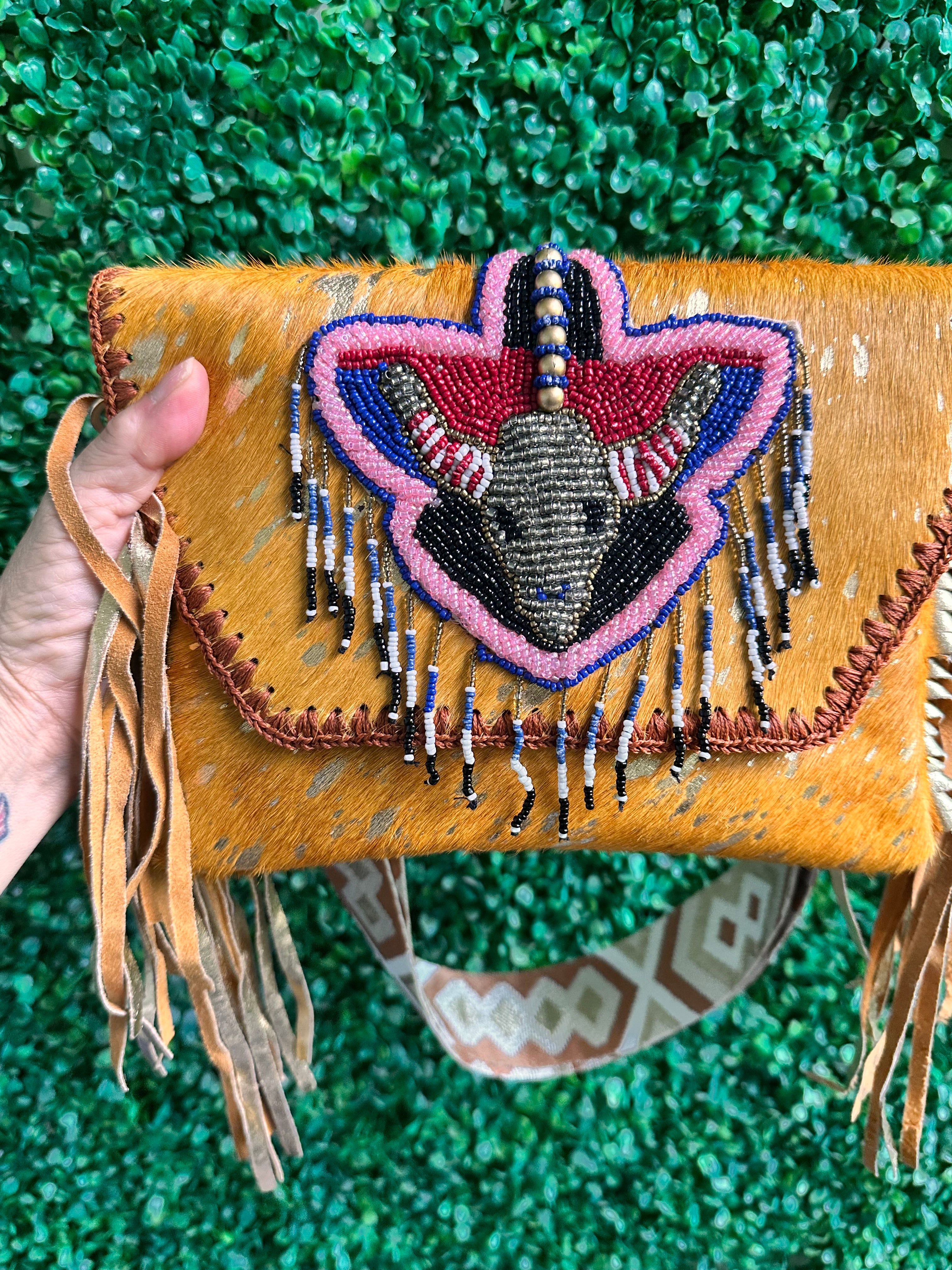 New boho Western Fur fringed tassels cow beaded bumbag CrossBody shoulder Clutch bag
