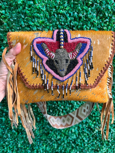 New boho Western Fur fringed tassels cow beaded bumbag CrossBody shoulder Clutch bag