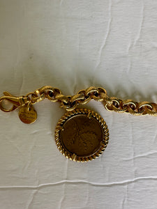 Vintage Dyadema Italy signed gold chain link with coin dangle/charm bracelet.