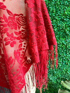 70s Red Chenille Triangle Shawl Fringed Flower Shawl Piano Shawl