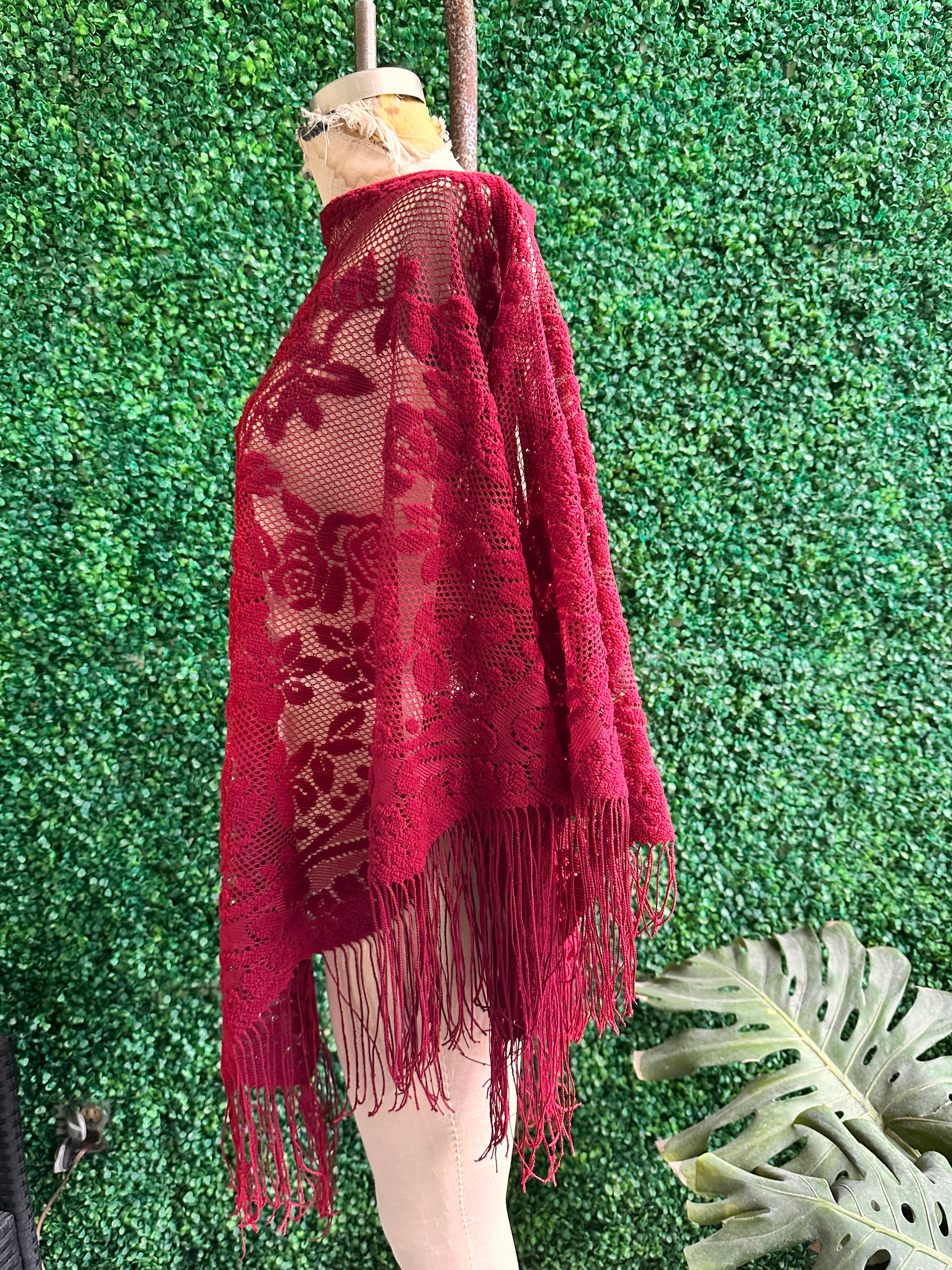 70s Red Chenille Triangle Shawl Fringed Flower Shawl Piano Shawl