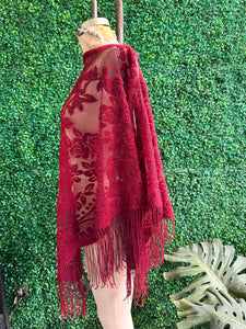 70s Red Chenille Triangle Shawl Fringed Flower Shawl Piano Shawl