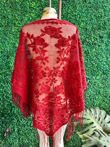 70s Red Chenille Triangle Shawl Fringed Flower Shawl Piano Shawl