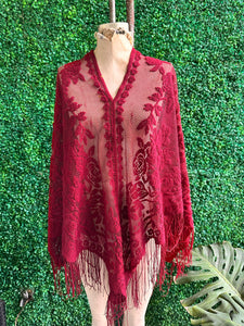 70s Red Chenille Triangle Shawl Fringed Flower Shawl Piano Shawl