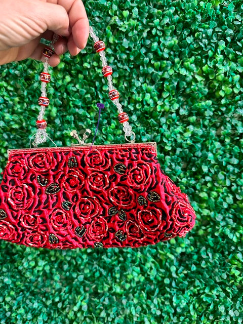 Stephanie Vintage Beaded Embroidered Evening Bag – Dark Red/Burgundy Roses with Beaded Handle