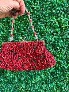 Stephanie Vintage Beaded Embroidered Evening Bag – Dark Red/Burgundy Roses with Beaded Handle