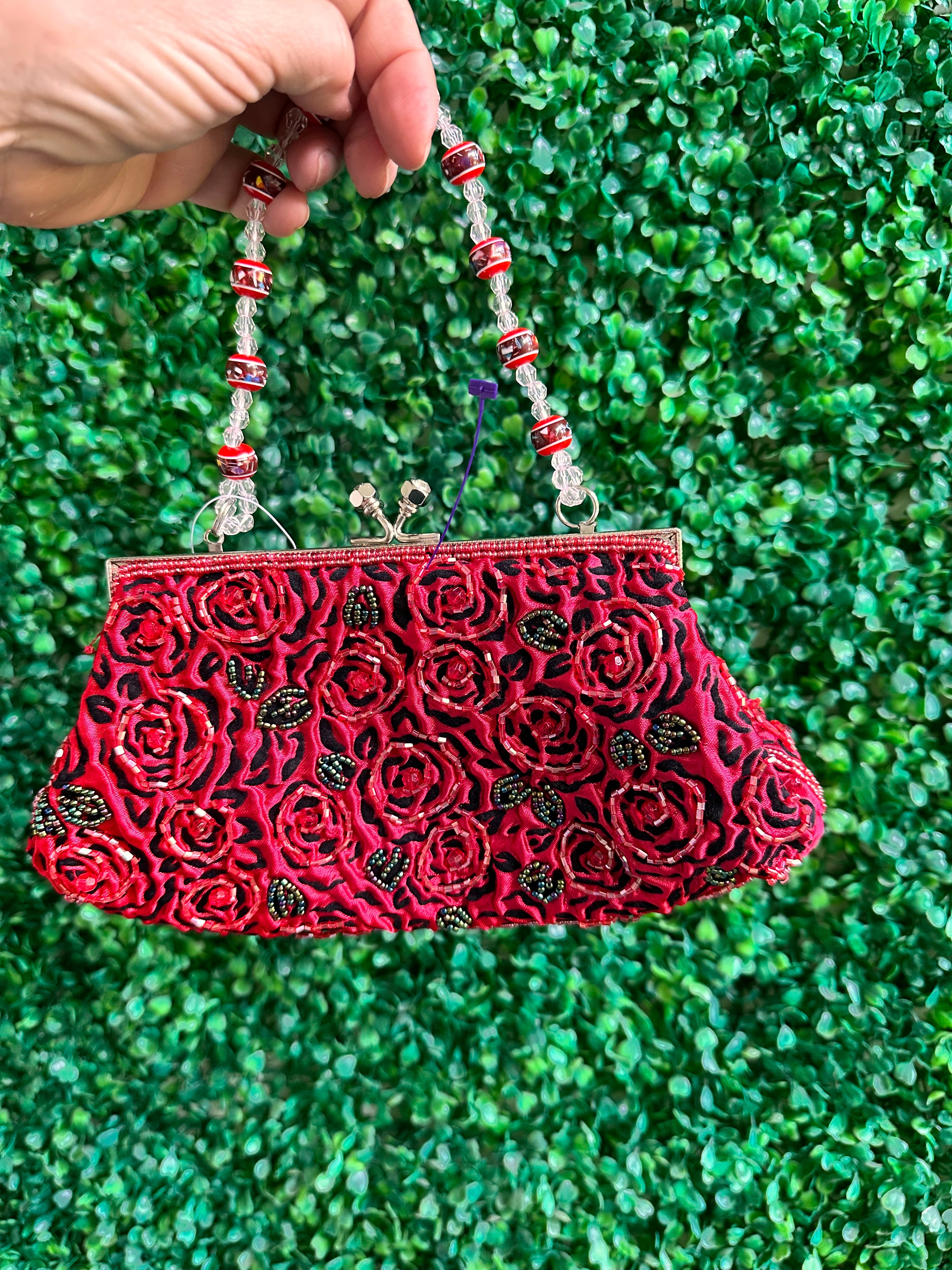 Stephanie Vintage Beaded Embroidered Evening Bag – Dark Red/Burgundy Roses with Beaded Handle