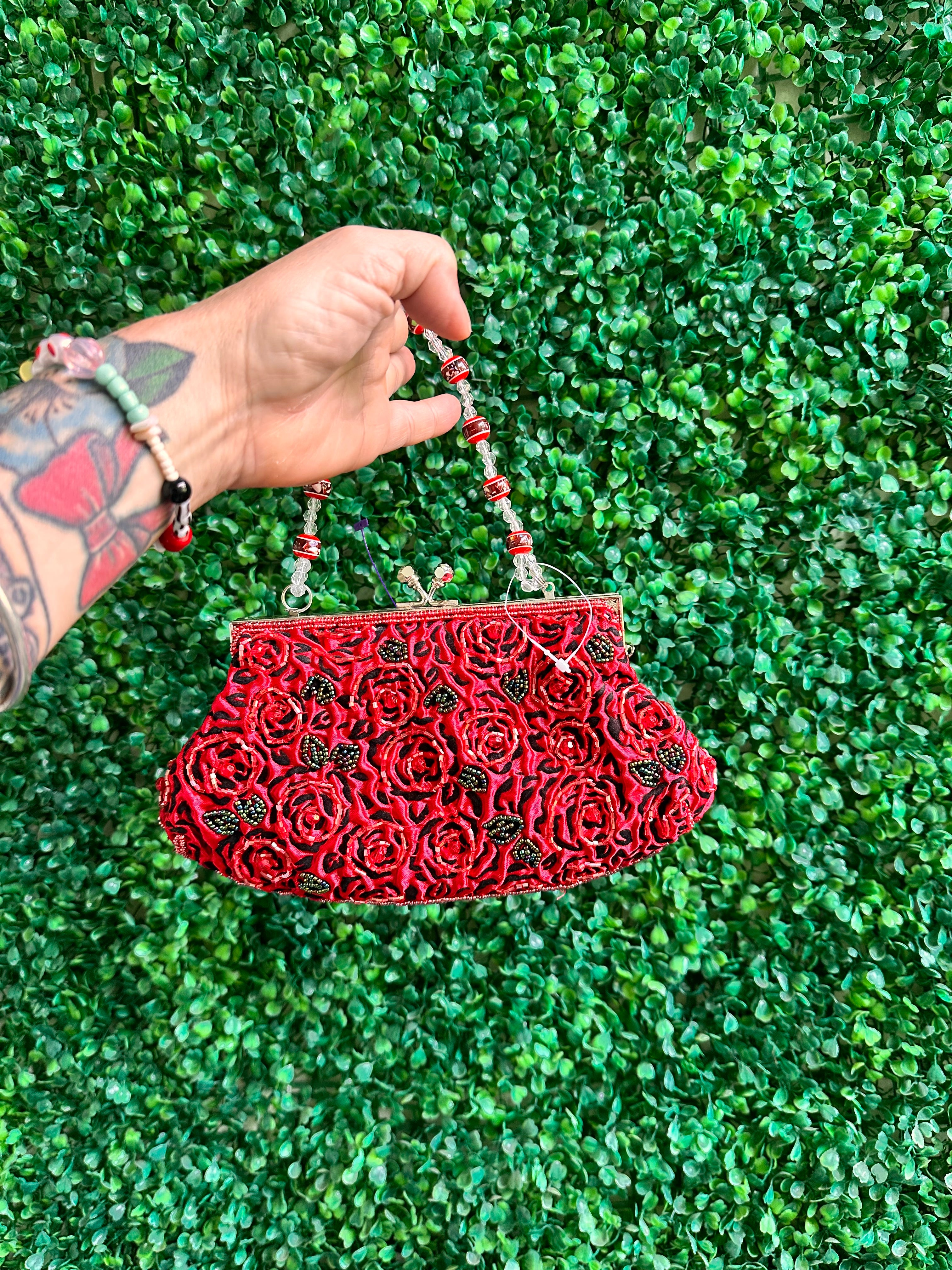 Stephanie Vintage Beaded Embroidered Evening Bag – Dark Red/Burgundy Roses with Beaded Handle