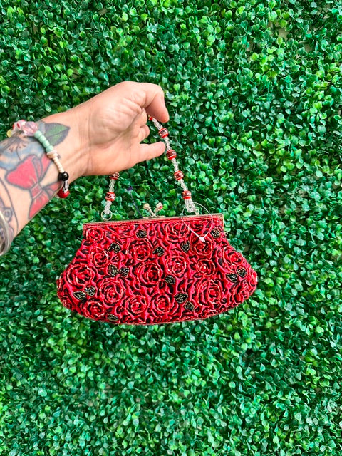 Stephanie Vintage Beaded Embroidered Evening Bag – Dark Red/Burgundy Roses with Beaded Handle