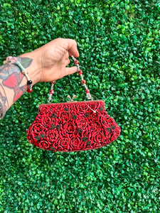 Stephanie Vintage Beaded Embroidered Evening Bag – Dark Red/Burgundy Roses with Beaded Handle