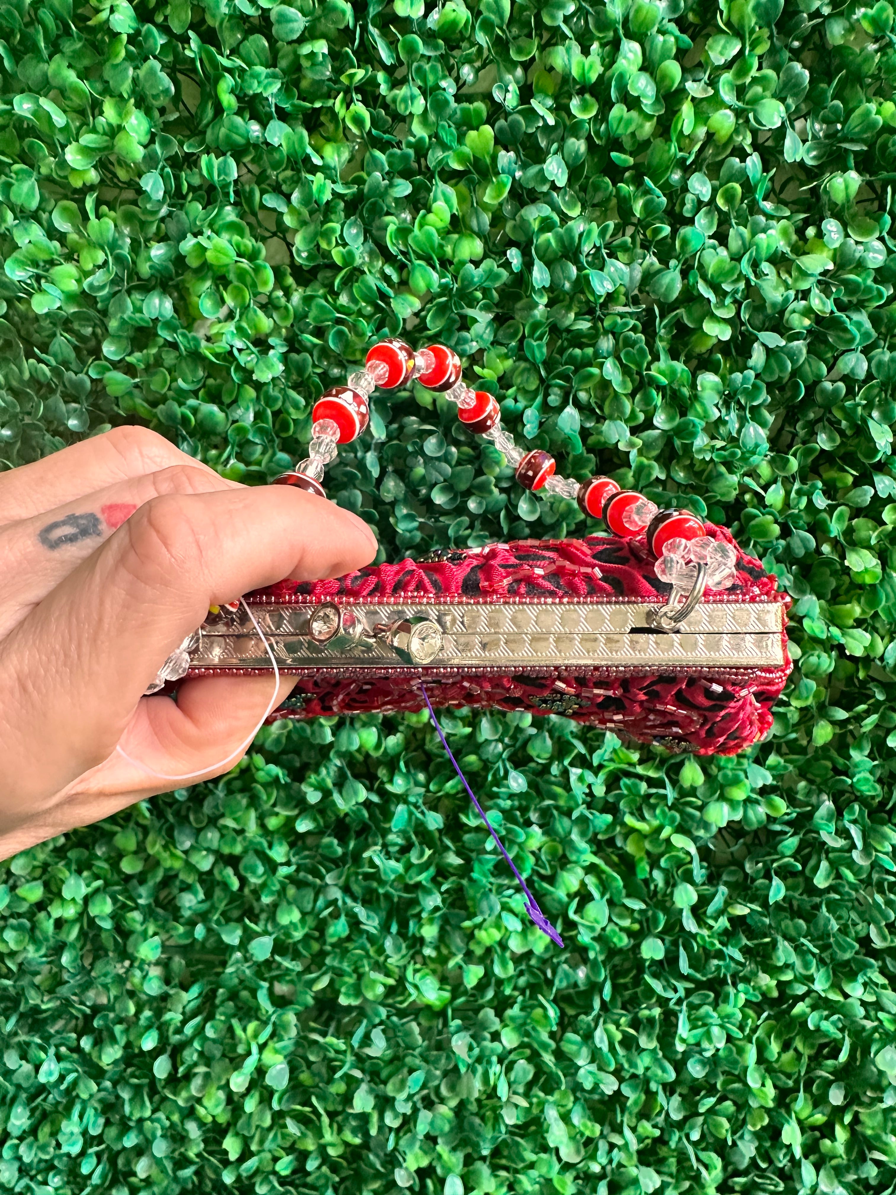 Stephanie Vintage Beaded Embroidered Evening Bag – Dark Red/Burgundy Roses with Beaded Handle