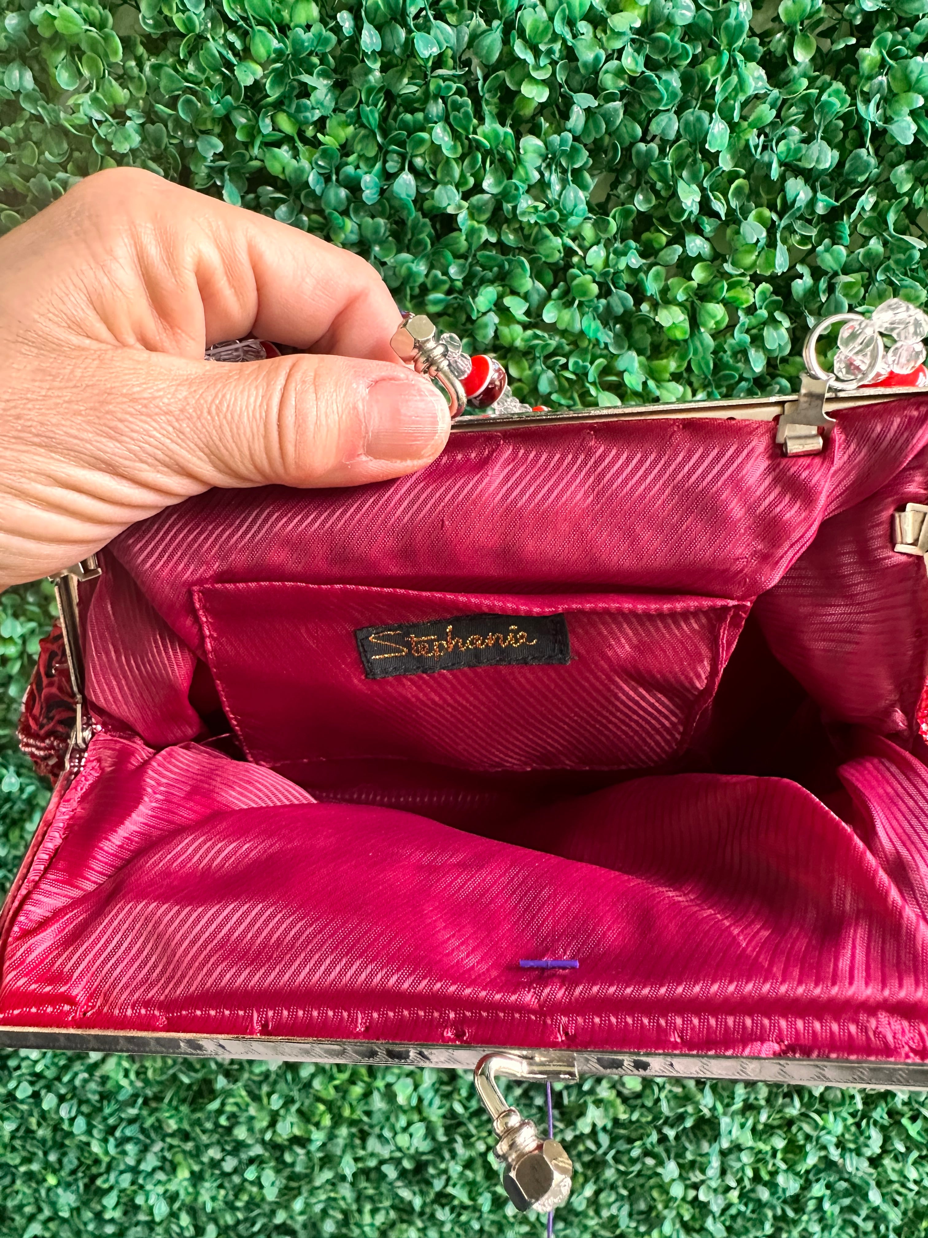 Stephanie Vintage Beaded Embroidered Evening Bag – Dark Red/Burgundy Roses with Beaded Handle