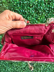 Stephanie Vintage Beaded Embroidered Evening Bag – Dark Red/Burgundy Roses with Beaded Handle
