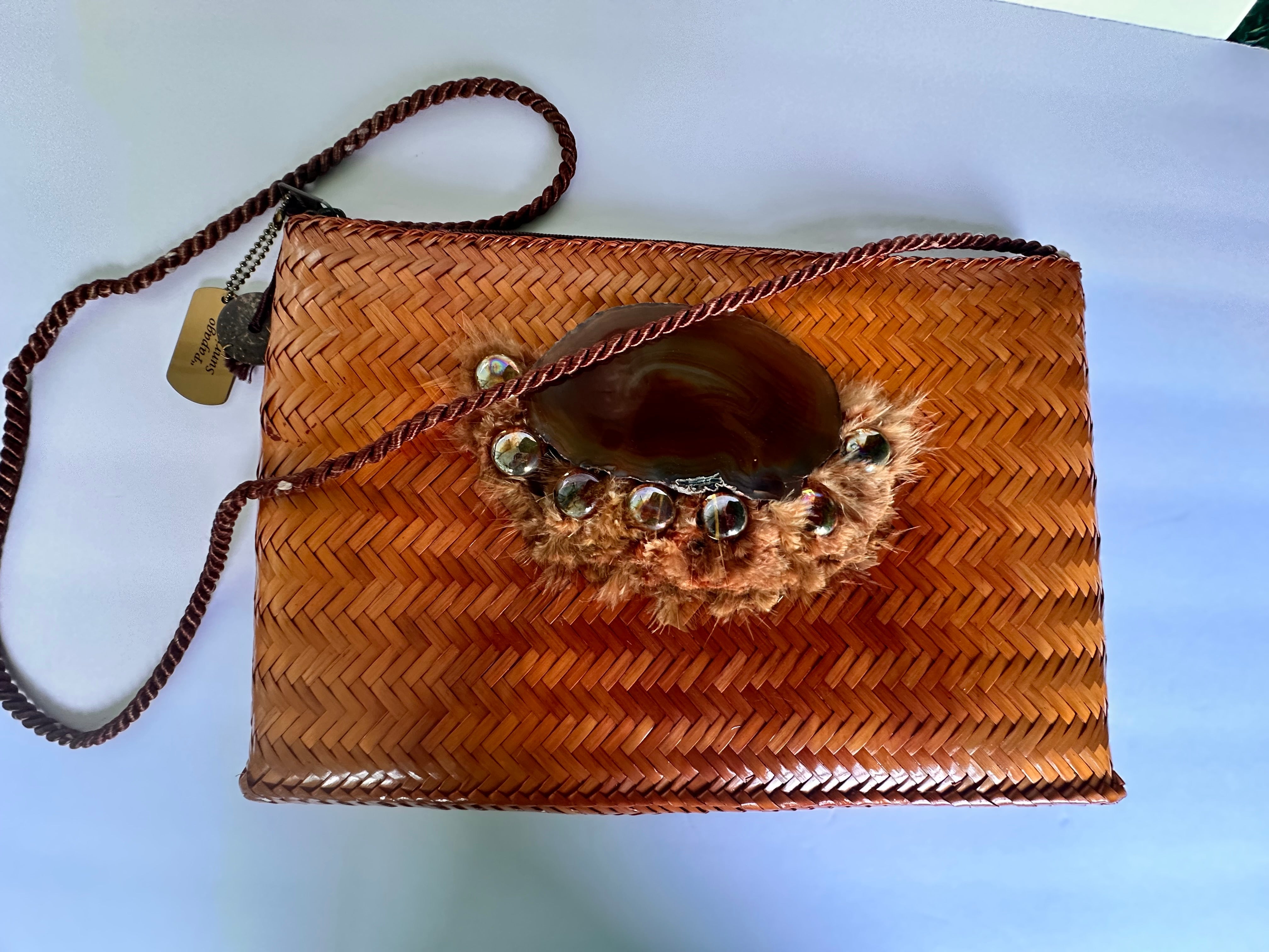 Vintage Mister Ernest Woven Straw Wicker Handbag – Philippines Artisan Design with Agate Stone, Feathers & Cabochons