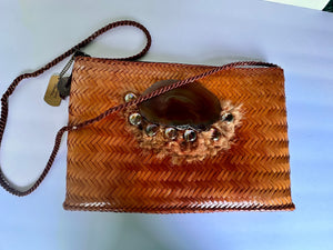 Vintage Mister Ernest Woven Straw Wicker Handbag – Philippines Artisan Design with Agate Stone, Feathers & Cabochons