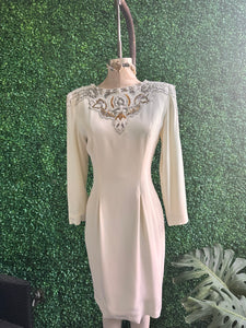 Vintage Cream Beaded Sequin & Pearl Long Sleeve Dress