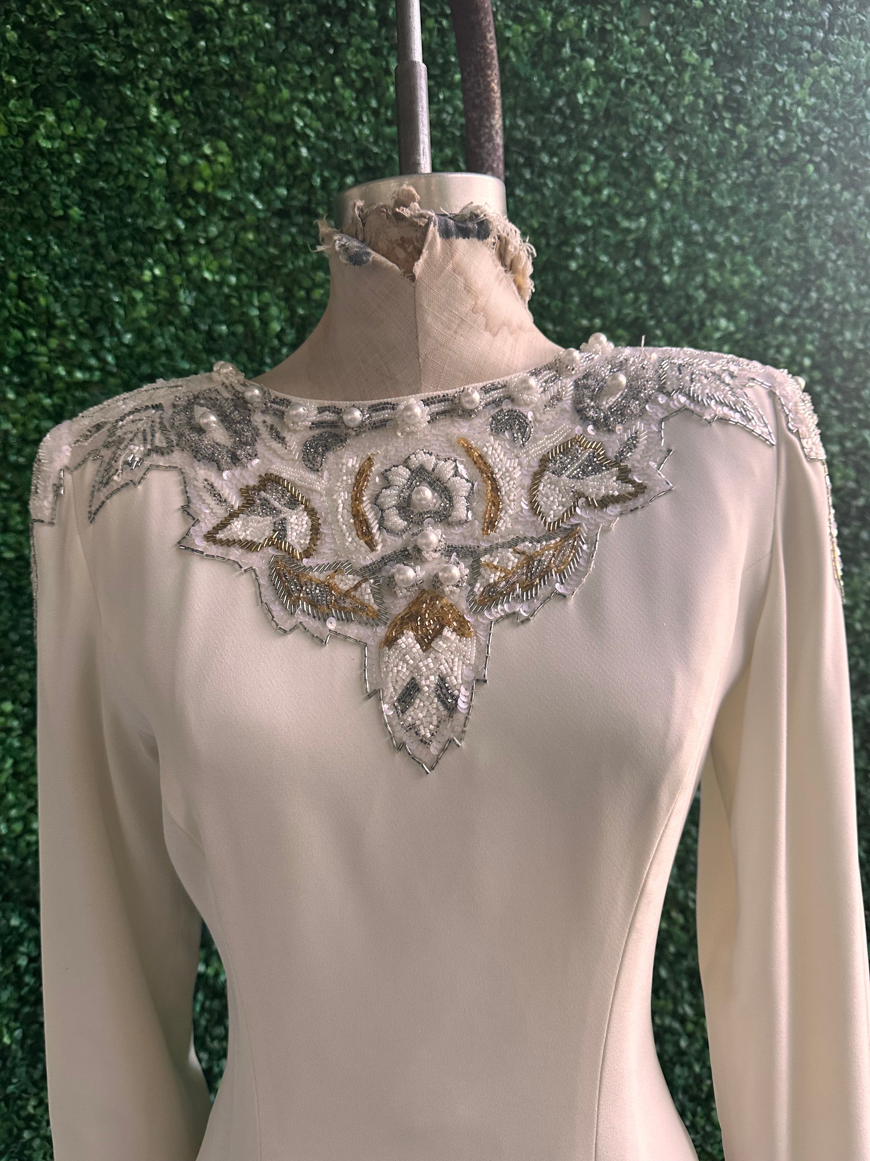 Vintage Cream Beaded Sequin & Pearl Long Sleeve Dress