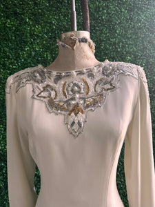 Vintage Cream Beaded Sequin & Pearl Long Sleeve Dress