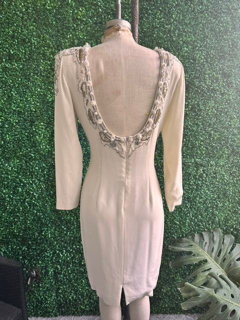 Vintage Cream Beaded Sequin & Pearl Long Sleeve Dress
