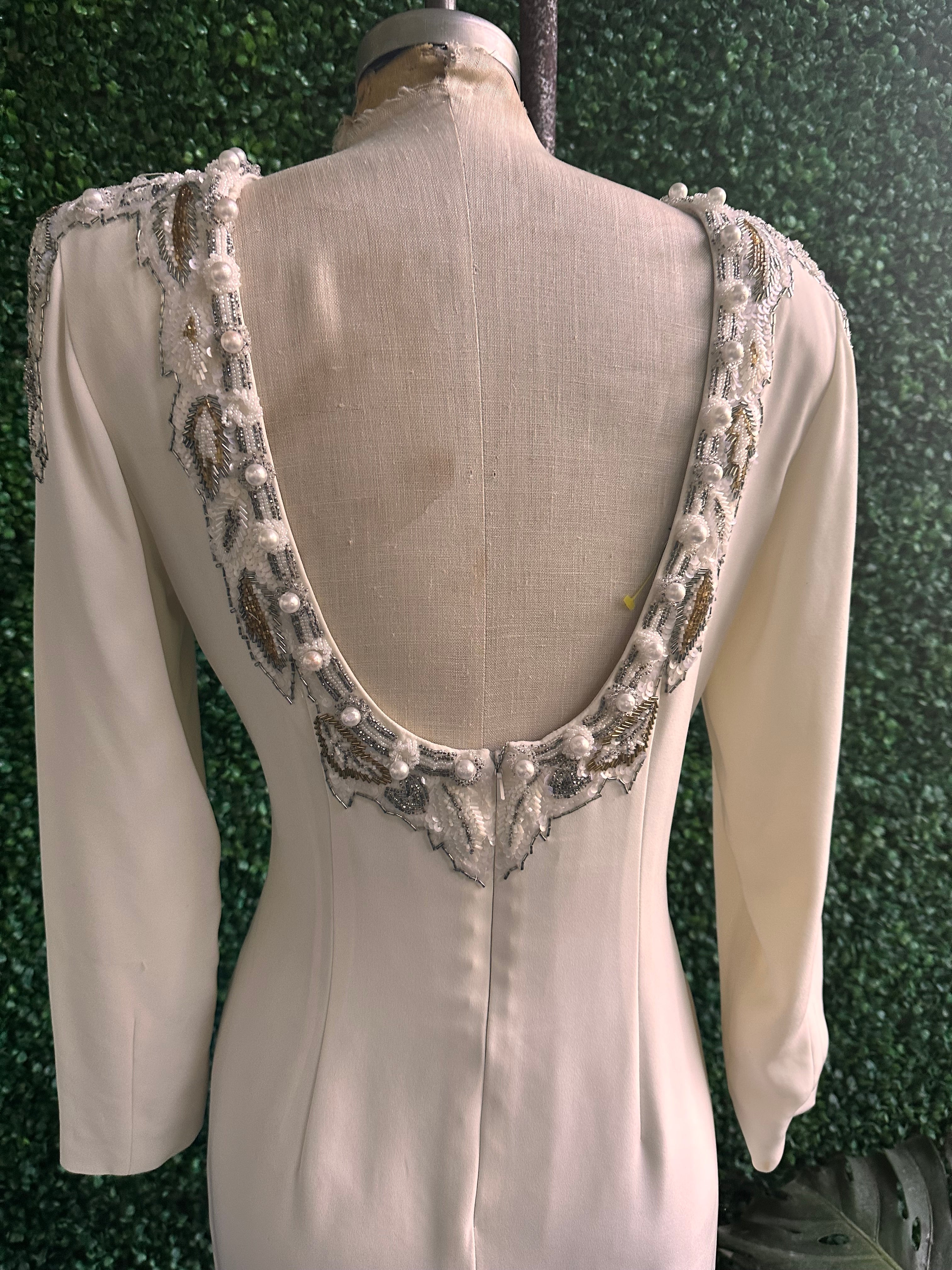 Vintage Cream Beaded Sequin & Pearl Long Sleeve Dress