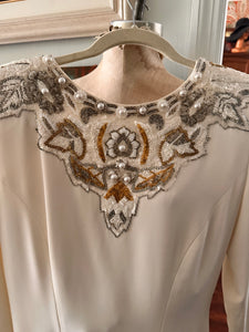 Vintage Cream Beaded Sequin & Pearl Long Sleeve Dress