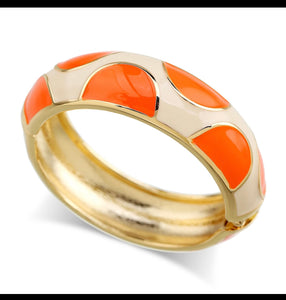 Double Colors Bracelet Orange Enamel and Pearls 2 Bangles Gold Plated Round Statement and Orange enamel Earrings