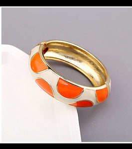 Double Colors Bracelet Orange Enamel and Pearls 2 Bangles Gold Plated Round Statement and Orange enamel Earrings