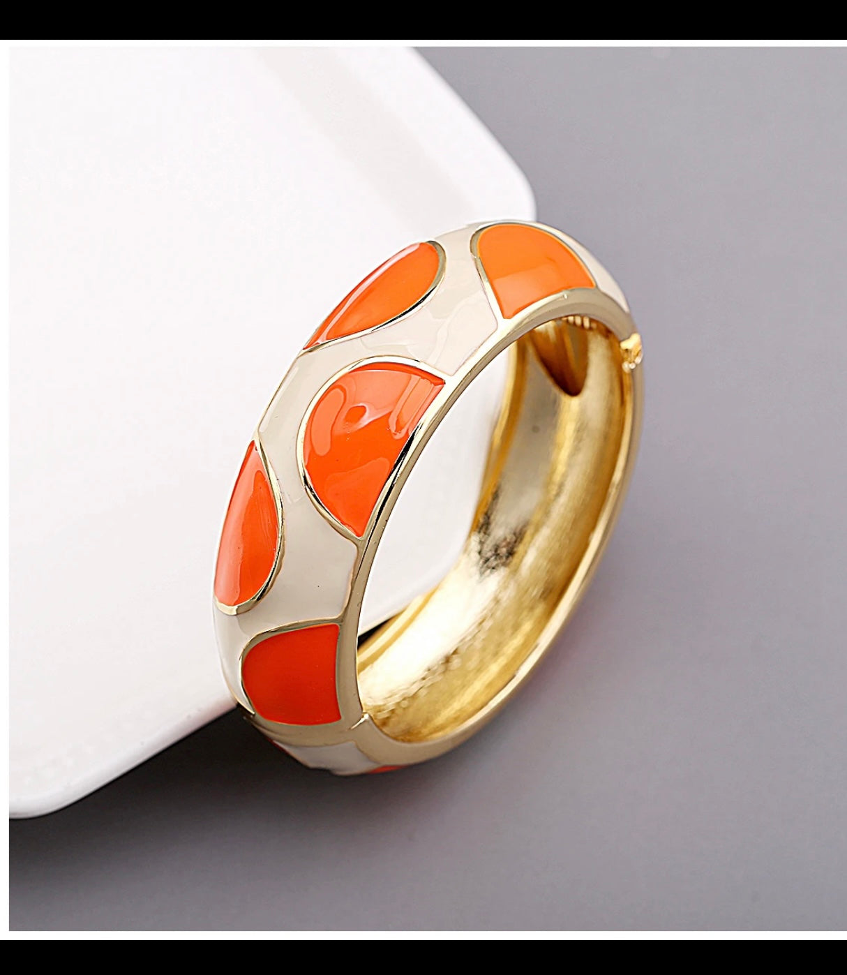 Double Colors Bracelet Orange Enamel and Pearls 2 Bangles Gold Plated Round Statement and Orange enamel Earrings