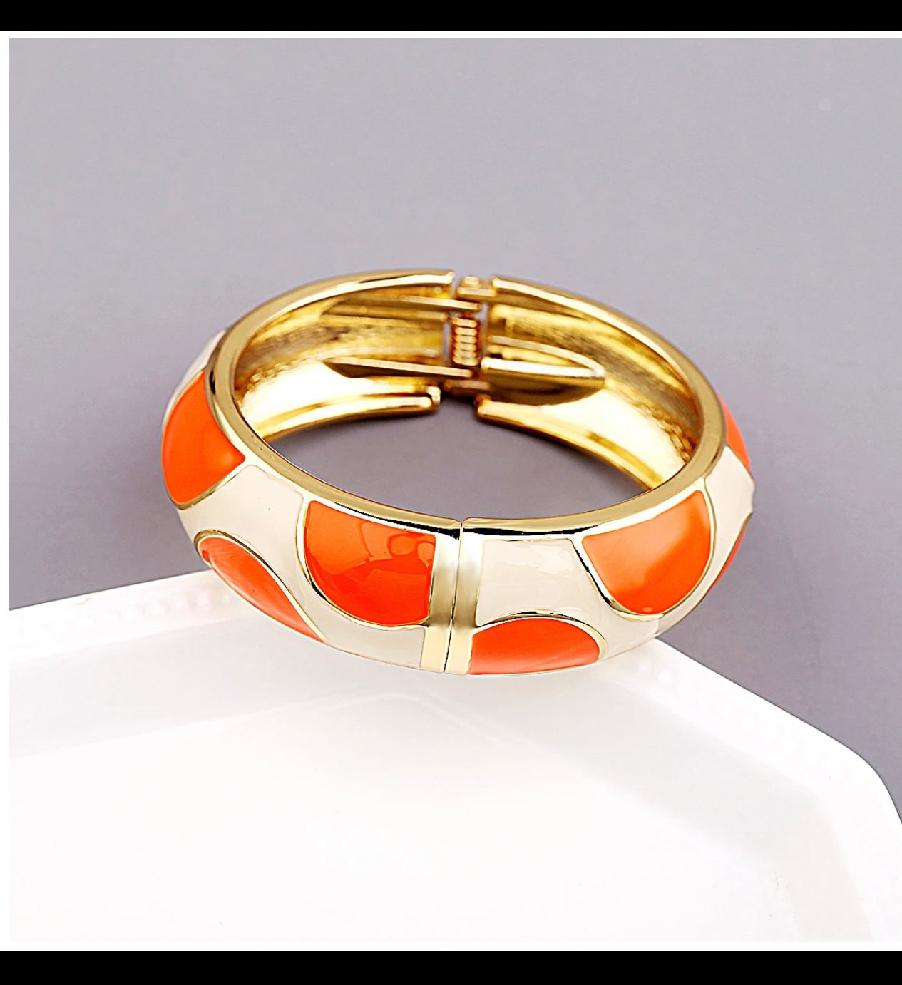 Double Colors Bracelet Orange Enamel and Pearls 2 Bangles Gold Plated Round Statement and Orange enamel Earrings