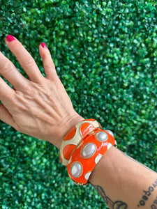 Double Colors Bracelet Orange Enamel and Pearls 2 Bangles Gold Plated Round Statement and Orange enamel Earrings