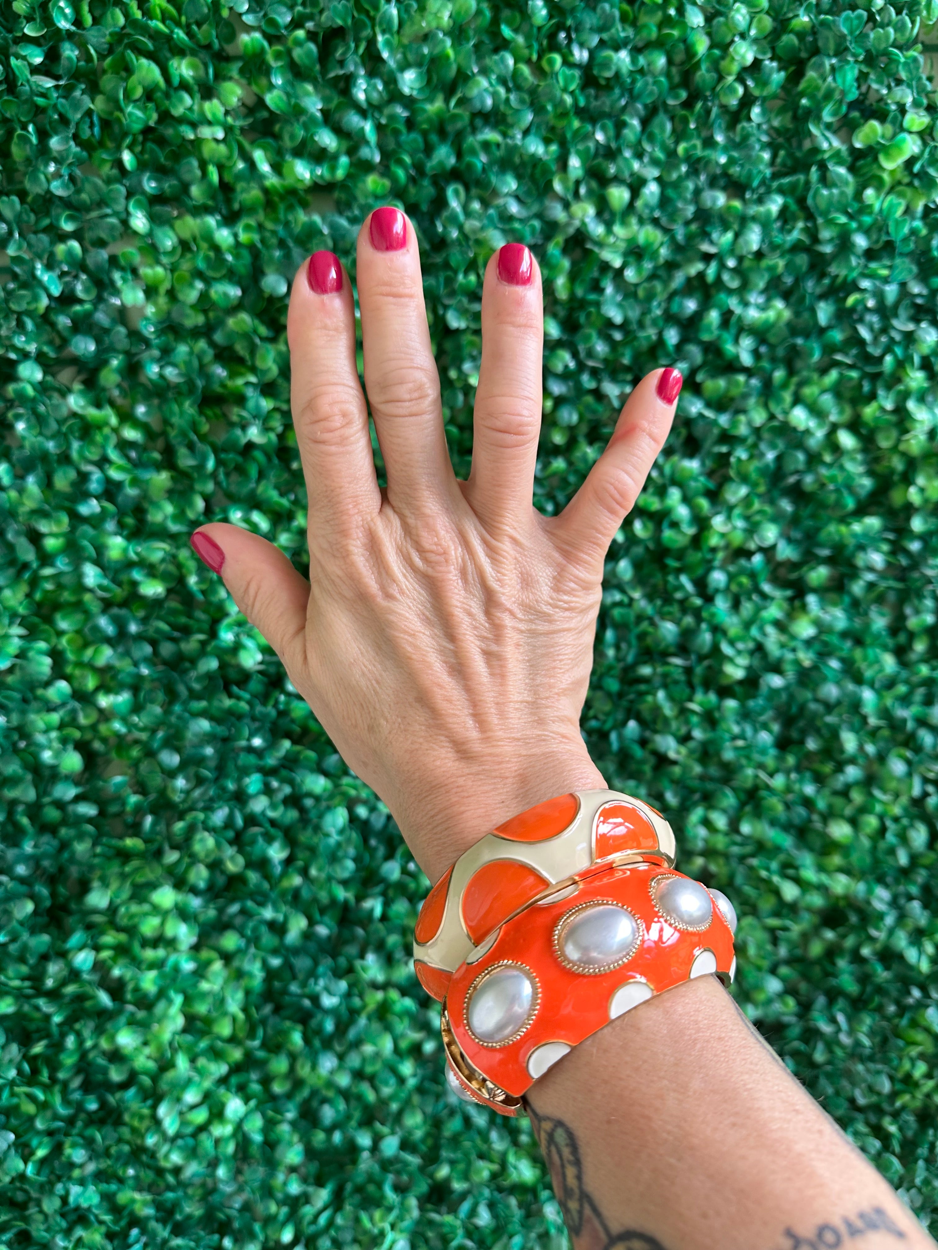 Double Colors Bracelet Orange Enamel and Pearls 2 Bangles Gold Plated Round Statement and Orange enamel Earrings