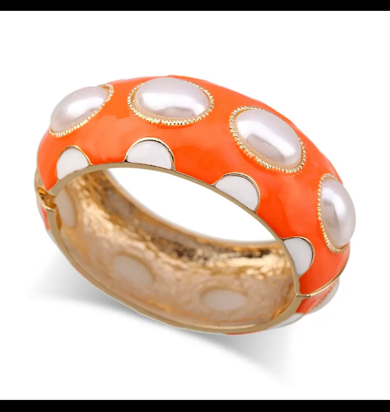 Double Colors Bracelet Orange Enamel and Pearls 2 Bangles Gold Plated Round Statement and Orange enamel Earrings