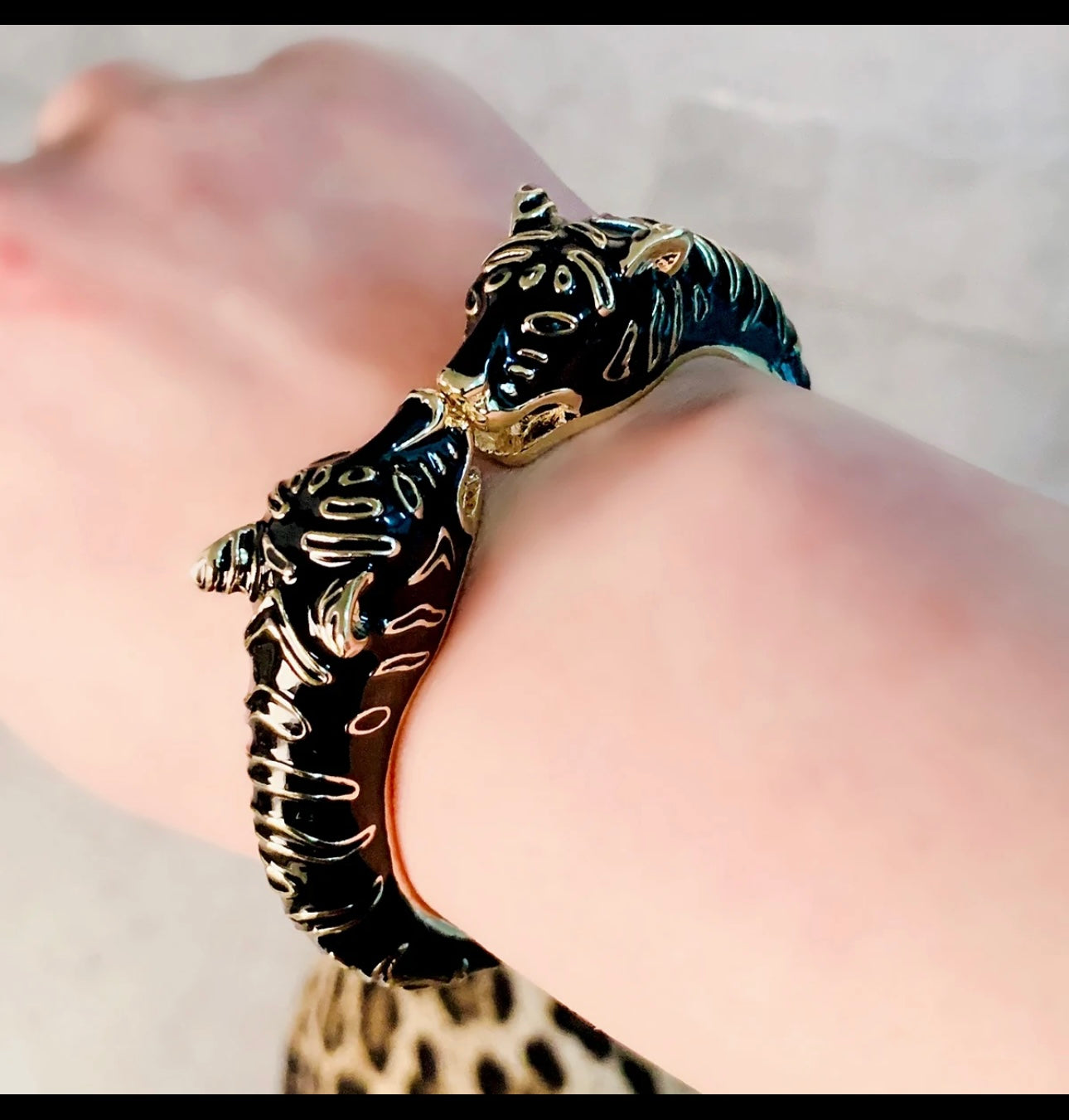 Handmade Black Enameled Colorful Statement Double head Tiger Bangle Cuff Bracelet