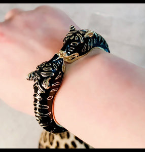 Handmade Black Enameled Colorful Statement Double head Tiger Bangle Cuff Bracelet