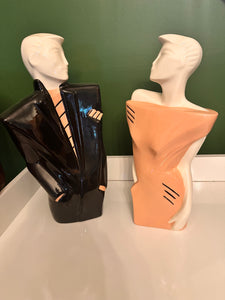 Vintage 80s Lindsey B Balkweill Style Man & Woman Pink and Black Ceramic Statues New Wave Postmodern Art Object Retro