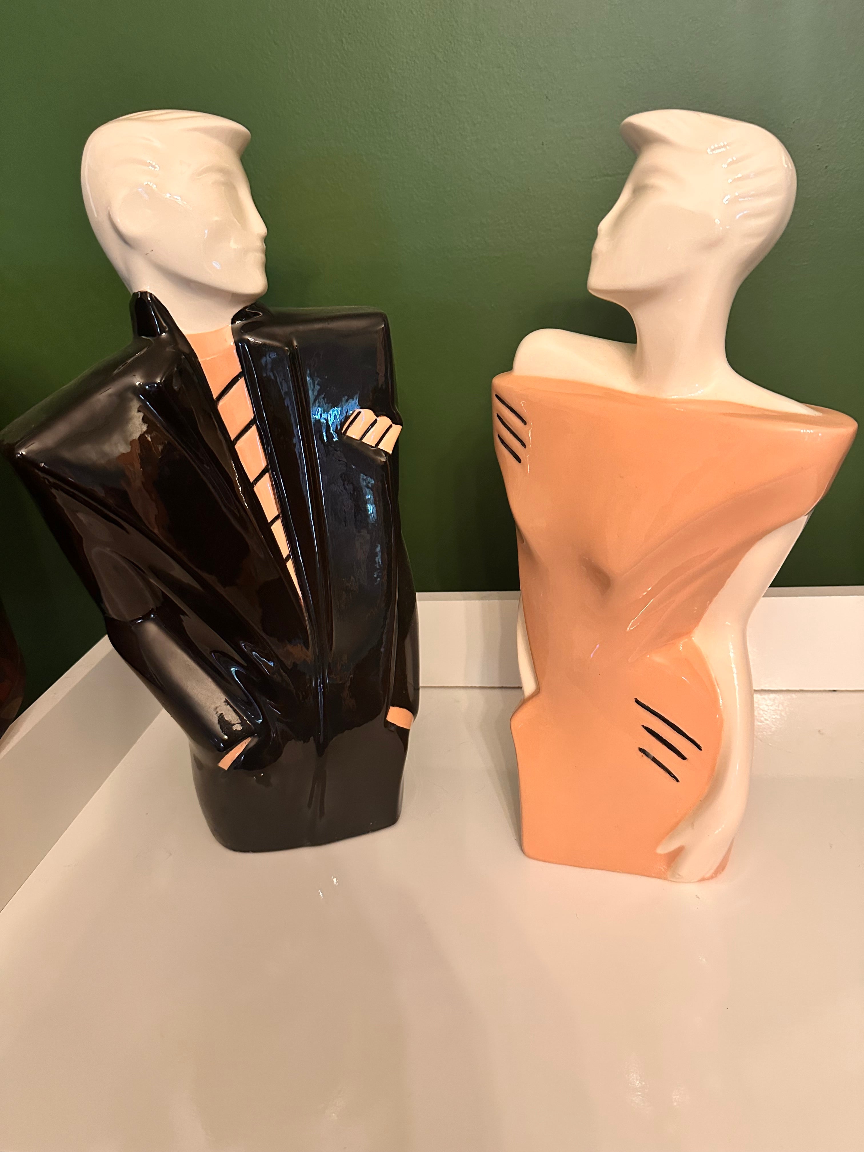 Vintage 80s Lindsey B Balkweill Style Man & Woman Pink and Black Ceramic Statues New Wave Postmodern Art Object Retro