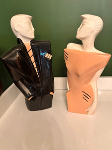 Vintage 80s Lindsey B Balkweill Style Man & Woman Pink and Black Ceramic Statues New Wave Postmodern Art Object Retro