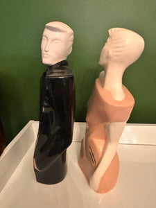 Vintage 80s Lindsey B Balkweill Style Man & Woman Pink and Black Ceramic Statues New Wave Postmodern Art Object Retro