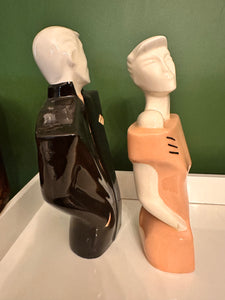 Vintage 80s Lindsey B Balkweill Style Man & Woman Pink and Black Ceramic Statues New Wave Postmodern Art Object Retro