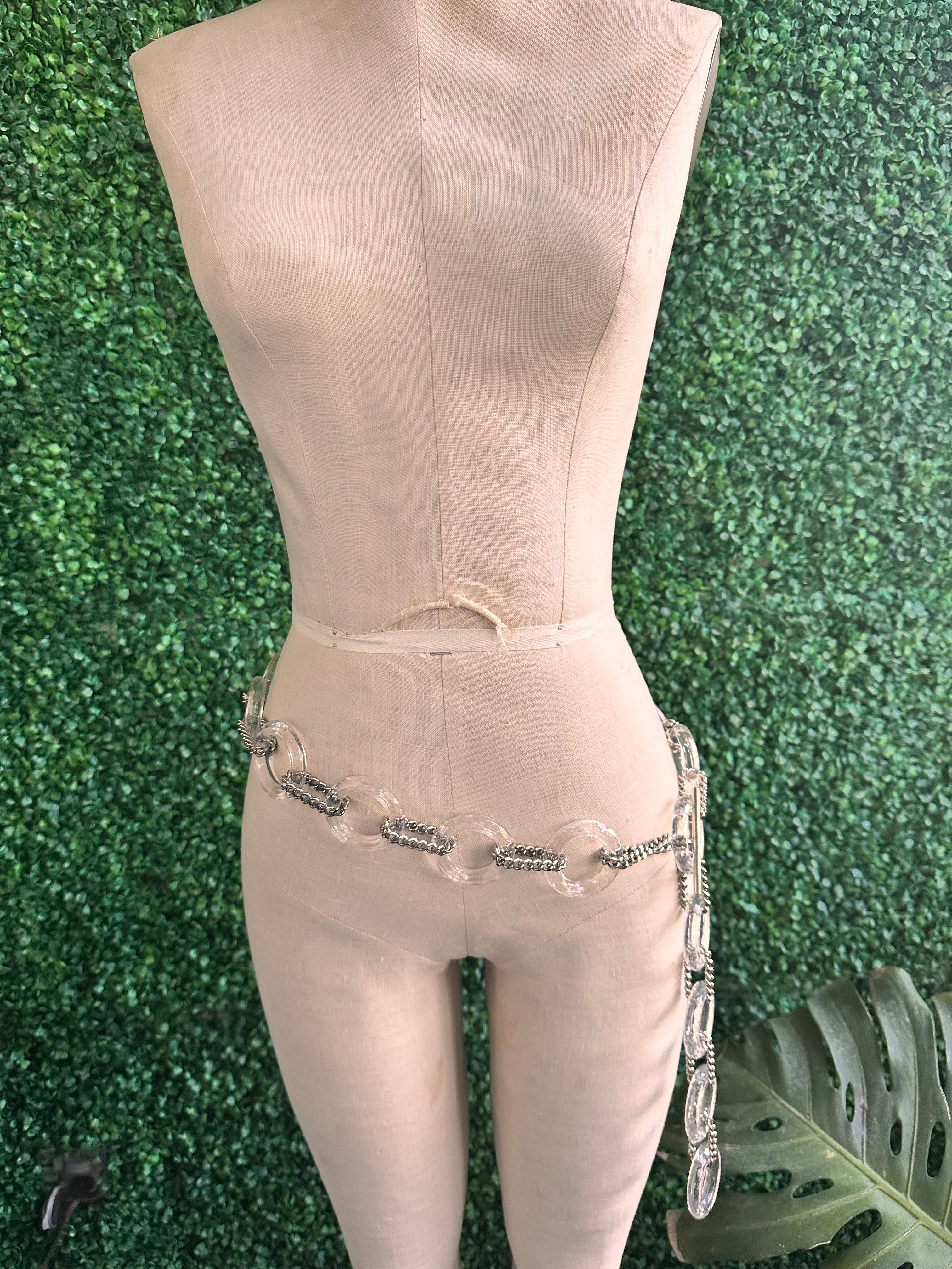 Vintage Round Circle Lucite & Silver Tone Metal Chain Belt Heavy