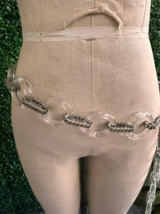 Vintage Round Circle Lucite & Silver Tone Metal Chain Belt Heavy