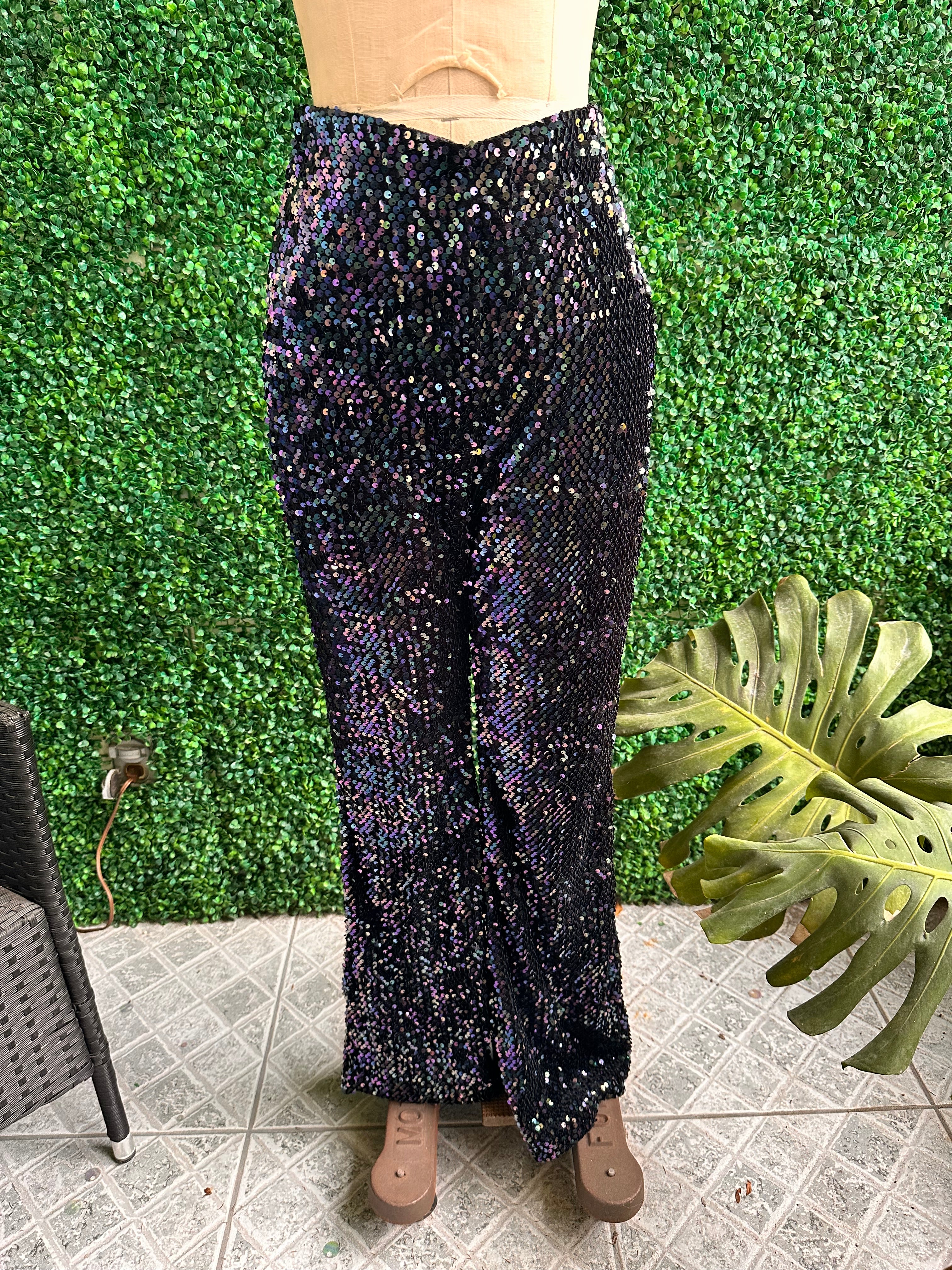 High Waist Sequin Wide Leg Palazzo Pants in Iridescent Purple Black Color