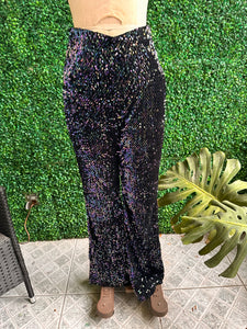 High Waist Sequin Wide Leg Palazzo Pants in Iridescent Purple Black Color