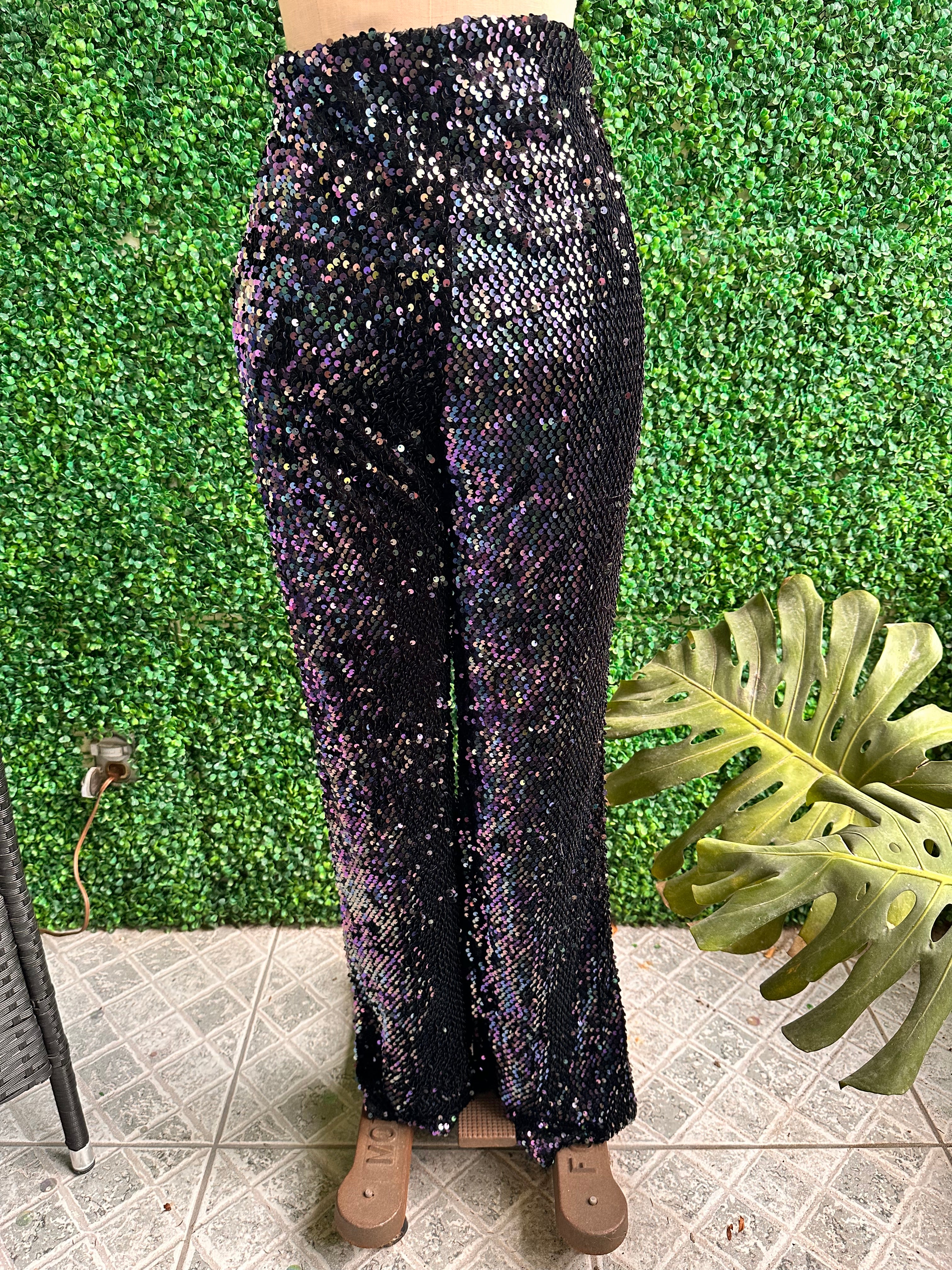High Waist Sequin Wide Leg Palazzo Pants in Iridescent Purple Black Color
